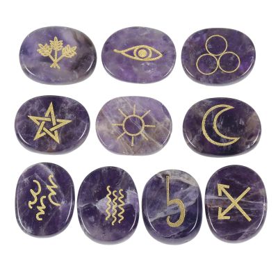 Amogeeli Amethyst Witch Rune Stone Set of 10pcs, Gypsy Symbols Engraved Crystal for Divination