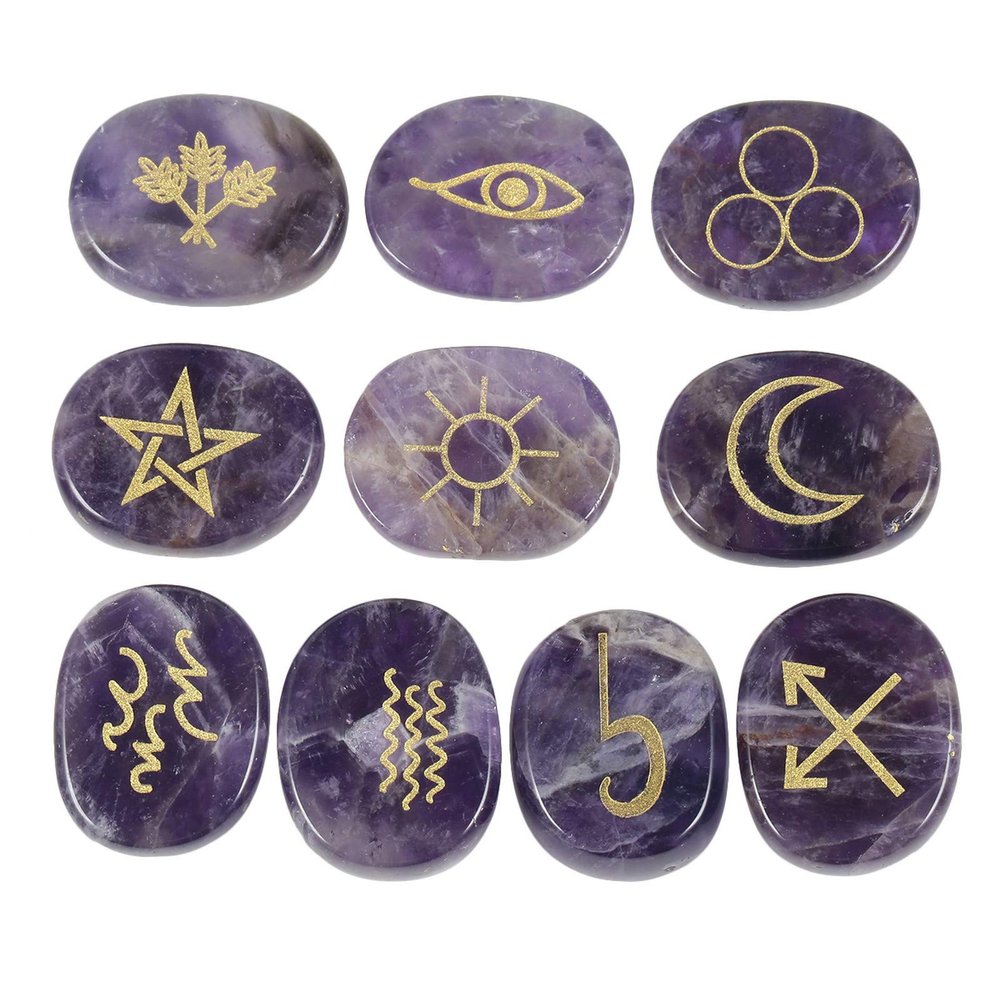 Amogeeli Amethyst Witch Rune Stone Set of 10pcs, Gypsy Symbols Engraved Crystal for Divination