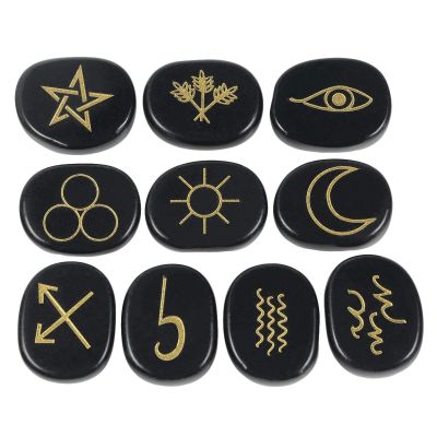 Amogeeli Black Obsidian Witch Rune Stones Set of 10pcs, Gypsy Symbol Engraved Crystal for Divination