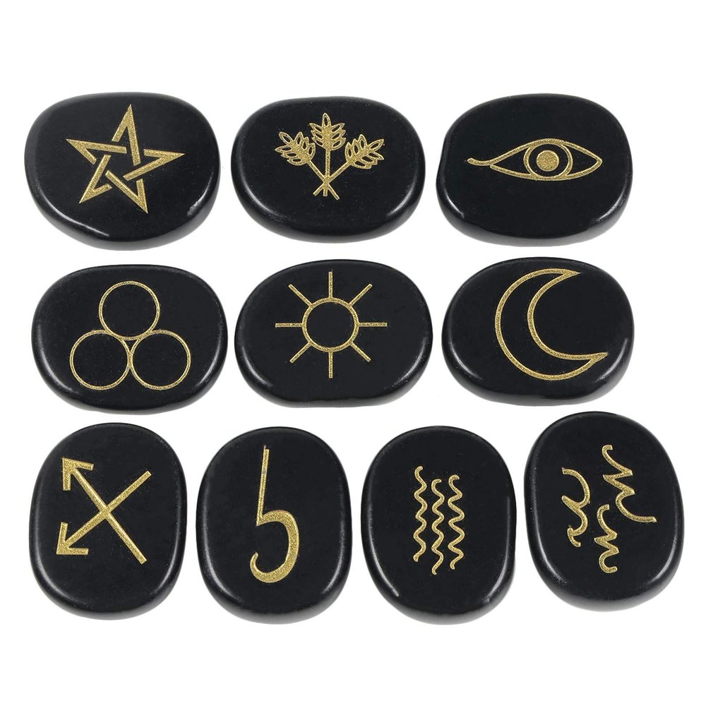 Amogeeli Black Obsidian Witch Rune Stones Set of 10pcs, Gypsy Symbol Engraved Crystal for Divination