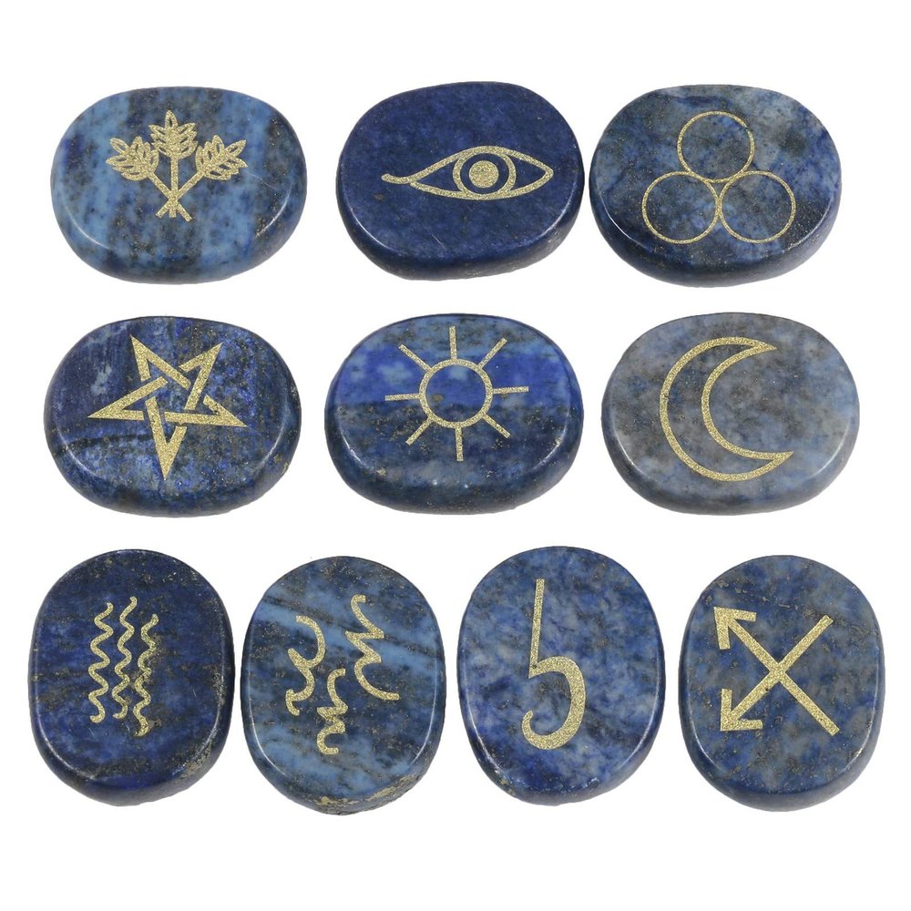 Amogeeli Lapis Lazuli Witch Rune Stone Set of 10pcs, Gypsy Symbol Engraved Crystal for Divination