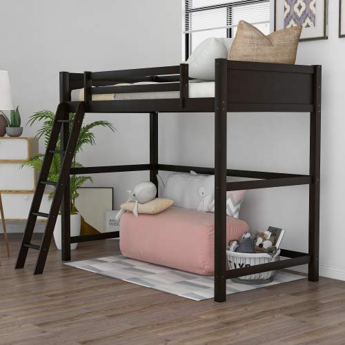 Solid Wood Loft Bed with Sloping Stair and Safety Guard Rails for Kids Teens, No Box Spring Needed, Twin (Espresso)