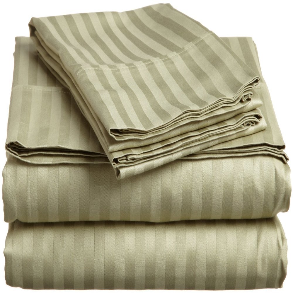 Apsley Linen Damask Stripe Egyptian Cotton 4-PCs Sheet Set Fits Mattress 16-20'' Deep Pocket Luxury Bedding Set High Thread Count Long Staple Sateen Weave (Emperor, Sage Green)