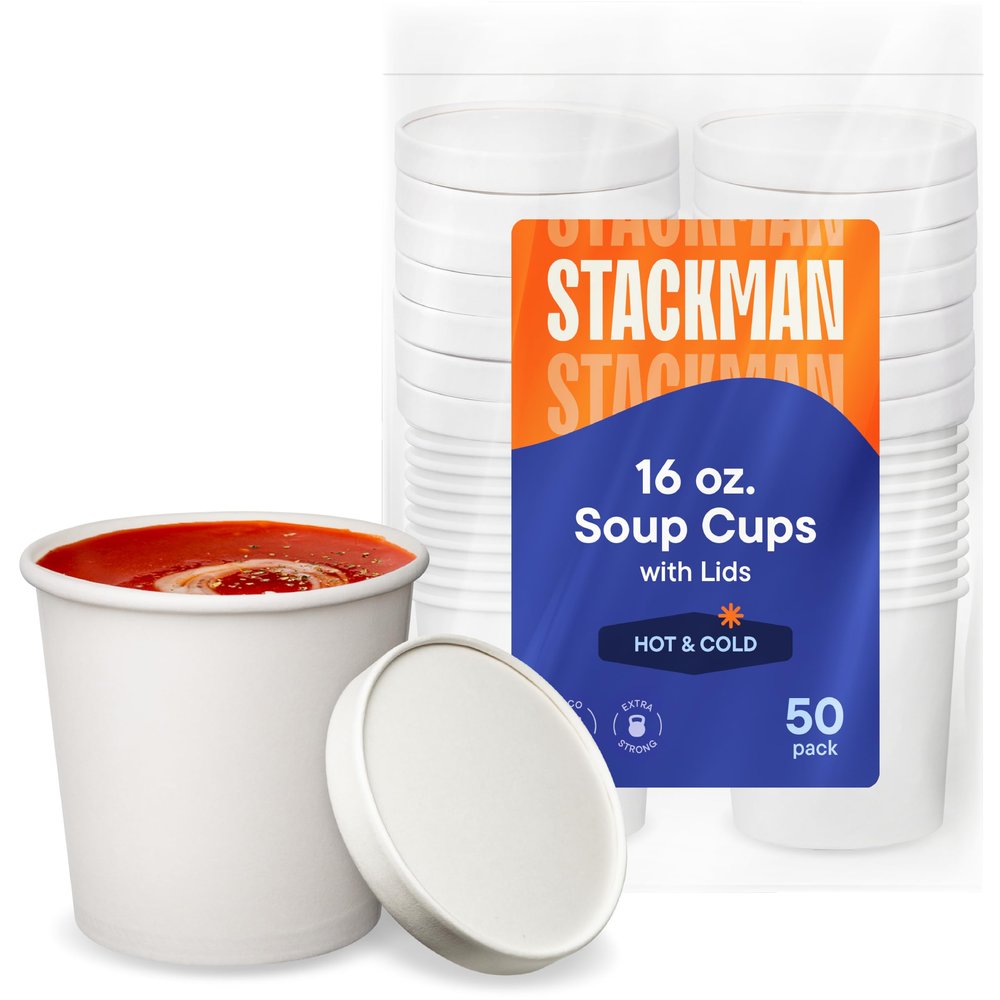 [16 oz. - 50 Sets] Paper Food Container with Lid, Insulated Food Cups with Vented Lids - Hot or Cold To Go Soup Cup, for Soups, Ice Cream and Yogurt - Eco-Friendly - White