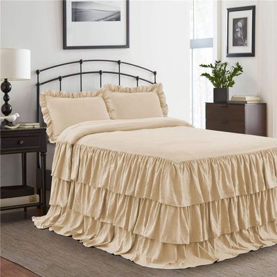 Bedding Empire 20" Drop 3 Piece Multi Ruffle Bed Skirt/Bed Cover with Pillowsham 100% Egyptian Cotton 500 TC Beige King Size