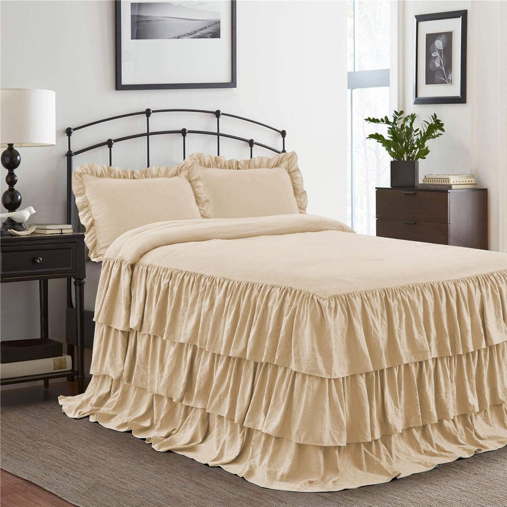 Bedding Empire 20" Drop 3 Piece Multi Ruffle Bed Skirt/Bed Cover with Pillowsham 100% Egyptian Cotton 500 TC Beige King Size