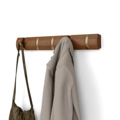 Umbra Flip Wall-Mounted Coat Rack with 5 Hooks  Modern, Space-Saving Storage for Hats, Jackets, Bags, Entryway, Mudroom, Closet, Bathroom, Bedroom  Light Walnut/Gold