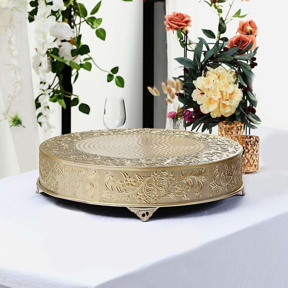 Efavormart 22" Gold Round Embossed Metal Cake Plateau, Large Wedding Cake Stand Riser for Reception & Banquet