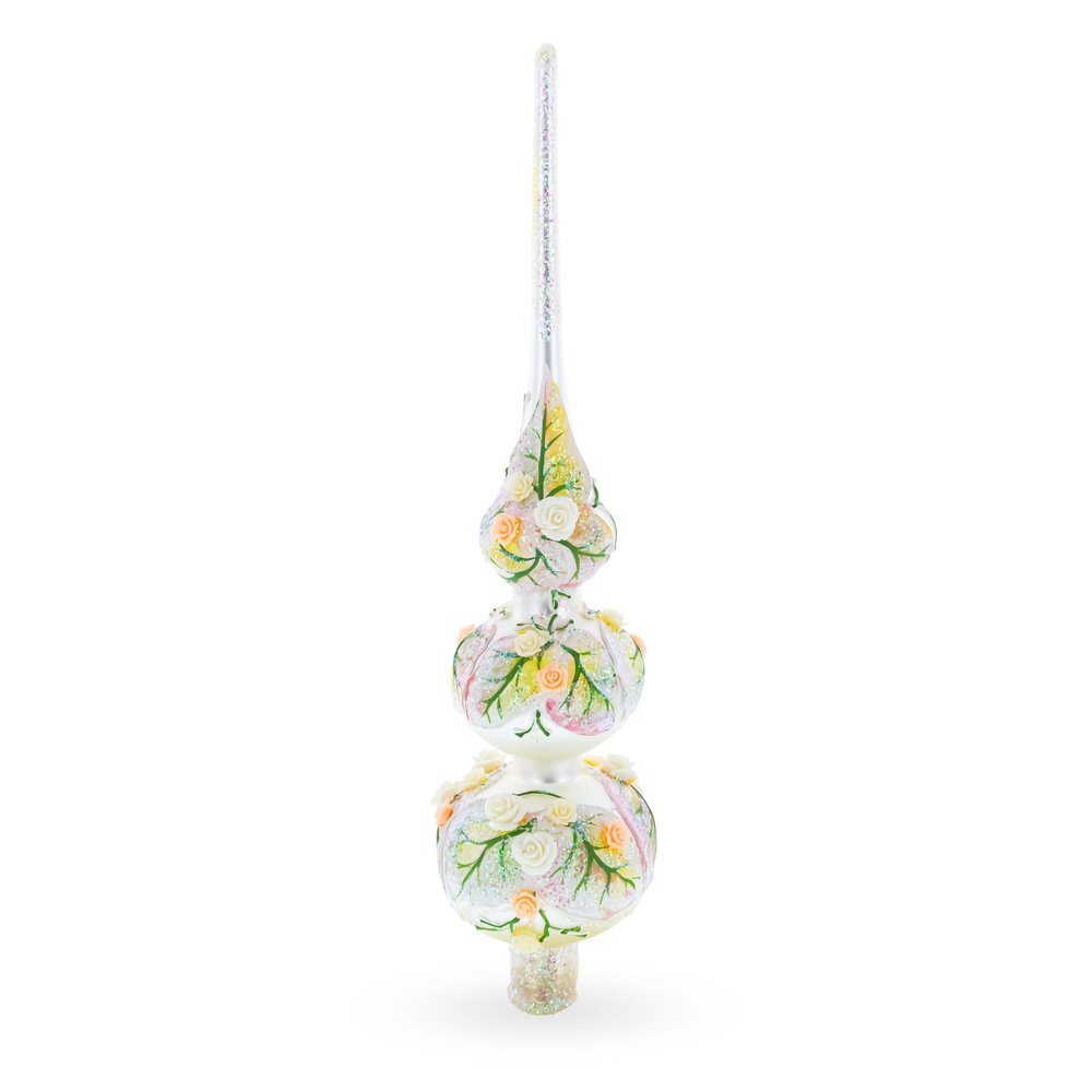 Pink and White Roses Bouquet on Double Ball Glass Christmas Tree Topper 12.5 Inches