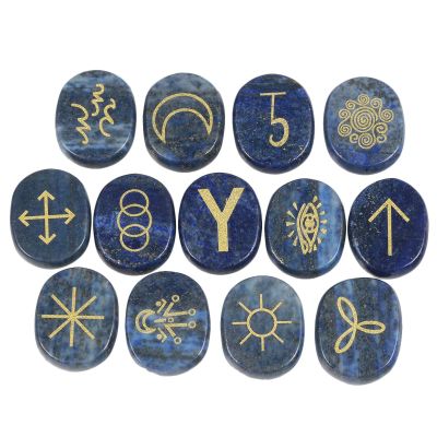 Amogeeli Lapis Lazuli Witch Runes Set of 13pcs, Gypsy Symbol Engraved Pocket Crystal for Divination