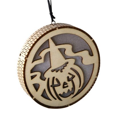 Duoer Wooden LED Light Round Witch Hollow Halloween Pendant Laser Hollow Witch Elf Haunted House Witch Lights Home Party Decor (Color : 04)