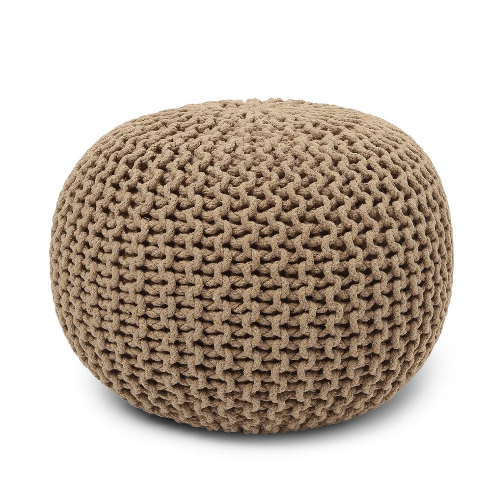 REDEARTH Round Pouf Ottoman - Hand Knitted Cable Boho Poof Home Dcor Pouffe Circular Footrest for Living Room - Bedroom - Lounge - 100% Cotton (19.5"x19.5"x14") - Beige
