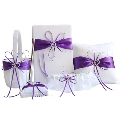 Engerla Bridal Five Wedding Accesorries Sets Purple Wedding Guest Wedding Ceremony Supplies Party Favor Sets Wedding Flower Girl Basket Guest Book Pen with Ring Pillow and Garter