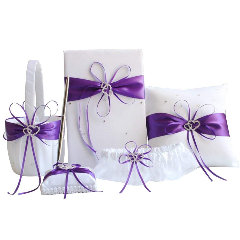 Engerla Bridal Five Wedding Accesorries Sets Purple Wedding Guest Wedding Ceremony Supplies Party Favor Sets Wedding Flower Girl Basket Guest Book Pen with Ring Pillow and Garter
