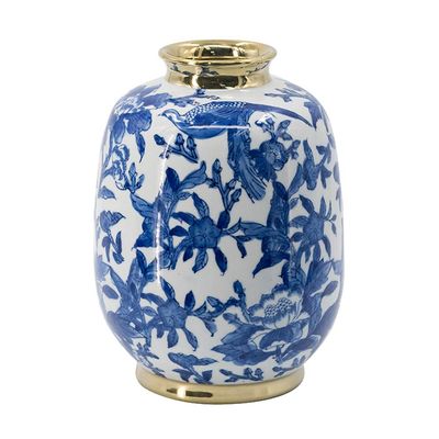 A&B Home 11'' Blue White Porcelain Vase Decorative Flower Bird Painted Glazed Ceramic Gold Lid Chinoiserie Ginger Jar Oriental Decor Centerpiece