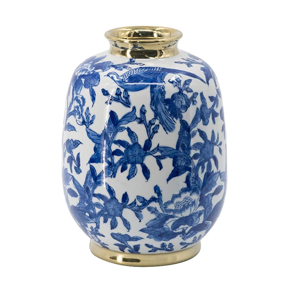 A&B Home 11'' Blue White Porcelain Vase Decorative Flower Bird Painted Glazed Ceramic Gold Lid Chinoiserie Ginger Jar Oriental Decor Centerpiece