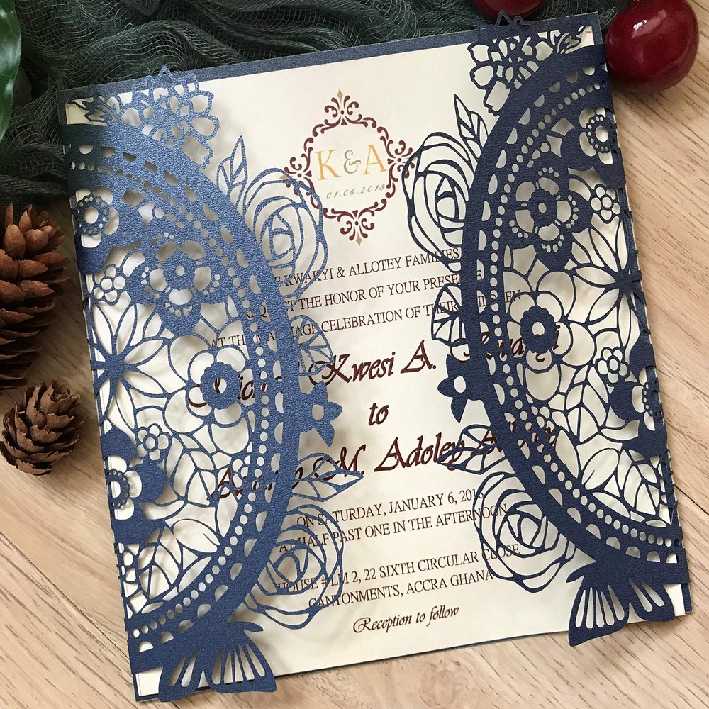 50pcs Pearl Navy Blue Laser Cut Wedding Invitation Cards,Baptism Invitation Cards,Laser Cut Invitations Cards,Engagement Invitation Cards,Sweet Birthday Invitation Cards