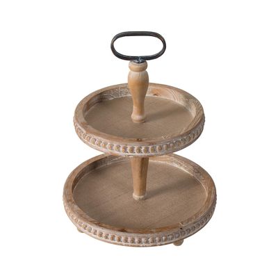 A&B Home Round 2 Tier High Tea Display Catering Party Tray with Metal Handle Farmhouse Dcor Wood Bead Trim Decoration Natural Wood Finish
