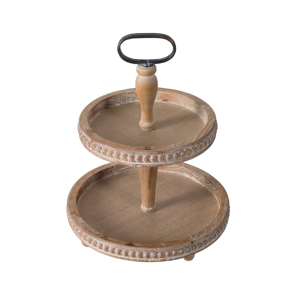 A&B Home Round 2 Tier High Tea Display Catering Party Tray with Metal Handle Farmhouse Dcor Wood Bead Trim Decoration Natural Wood Finish