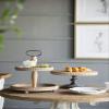 A&B Home Round 2 Tier High Tea Display Catering Party Tray with Metal Handle Farmhouse Dcor Wood Bead Trim Decoration Natural Wood Finish view 3