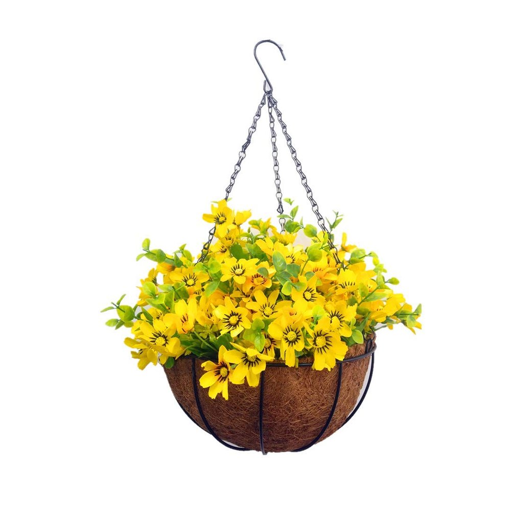 10 Inches Home Wedding Porch Decoration Chain Hanging Basket Flowers Grass Silk Daisy Flowers Indoors (Yellow)