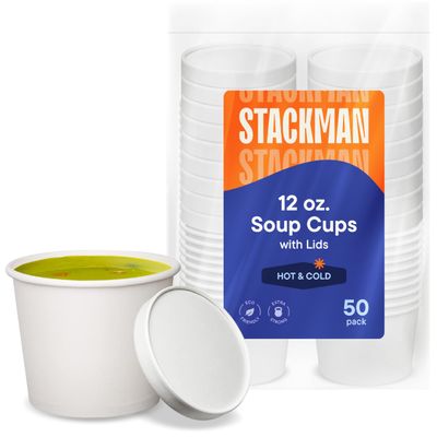 [12 oz. - 50 Sets] Paper Food Container with Lid, Insulated Food Cups with Vented Lids - Hot or Cold To Go Soup Cup, for Soups, Ice Cream and Yogurt - Eco-Friendly - White