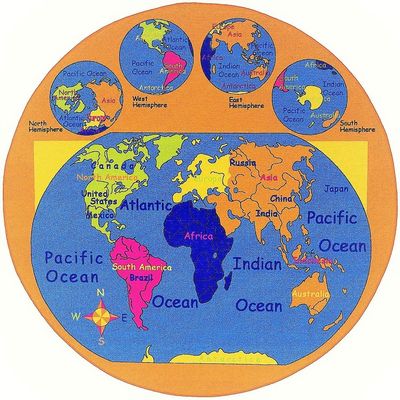 champion rugs Kids/Baby Room/Daycare/Classroom/Playroom Area Rug. Educational. Fun. World Map. Oceans. Hemispheres. Compass. Non-Slip Gel Back (8 Feet X 8 Feet Round)