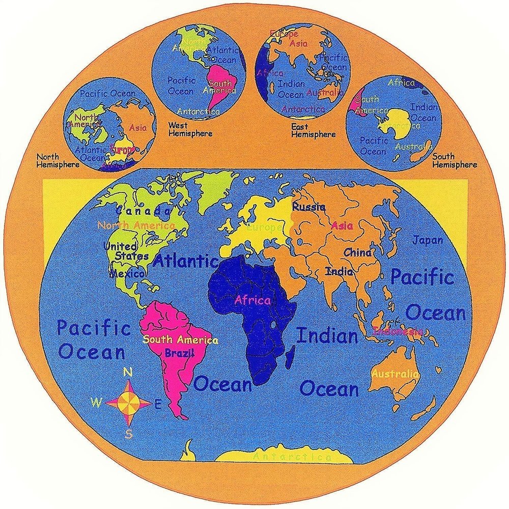 champion rugs Kids/Baby Room/Daycare/Classroom/Playroom Area Rug. Educational. Fun. World Map. Oceans. Hemispheres. Compass. Non-Slip Gel Back (8 Feet X 8 Feet Round)