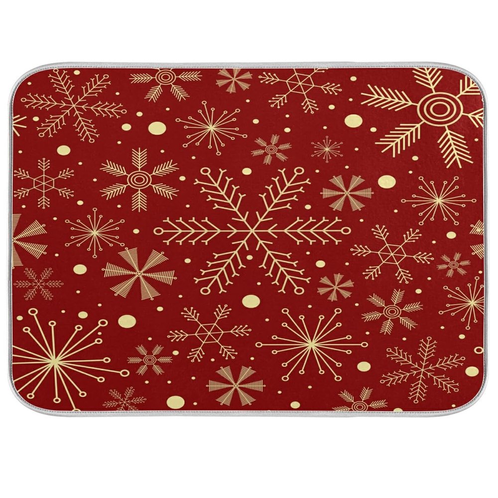 Christmas Snowflakes On Dark Red Dish Drying Mat, Absorbent Dish Drying Mat for Kitchen, 16" x 18"