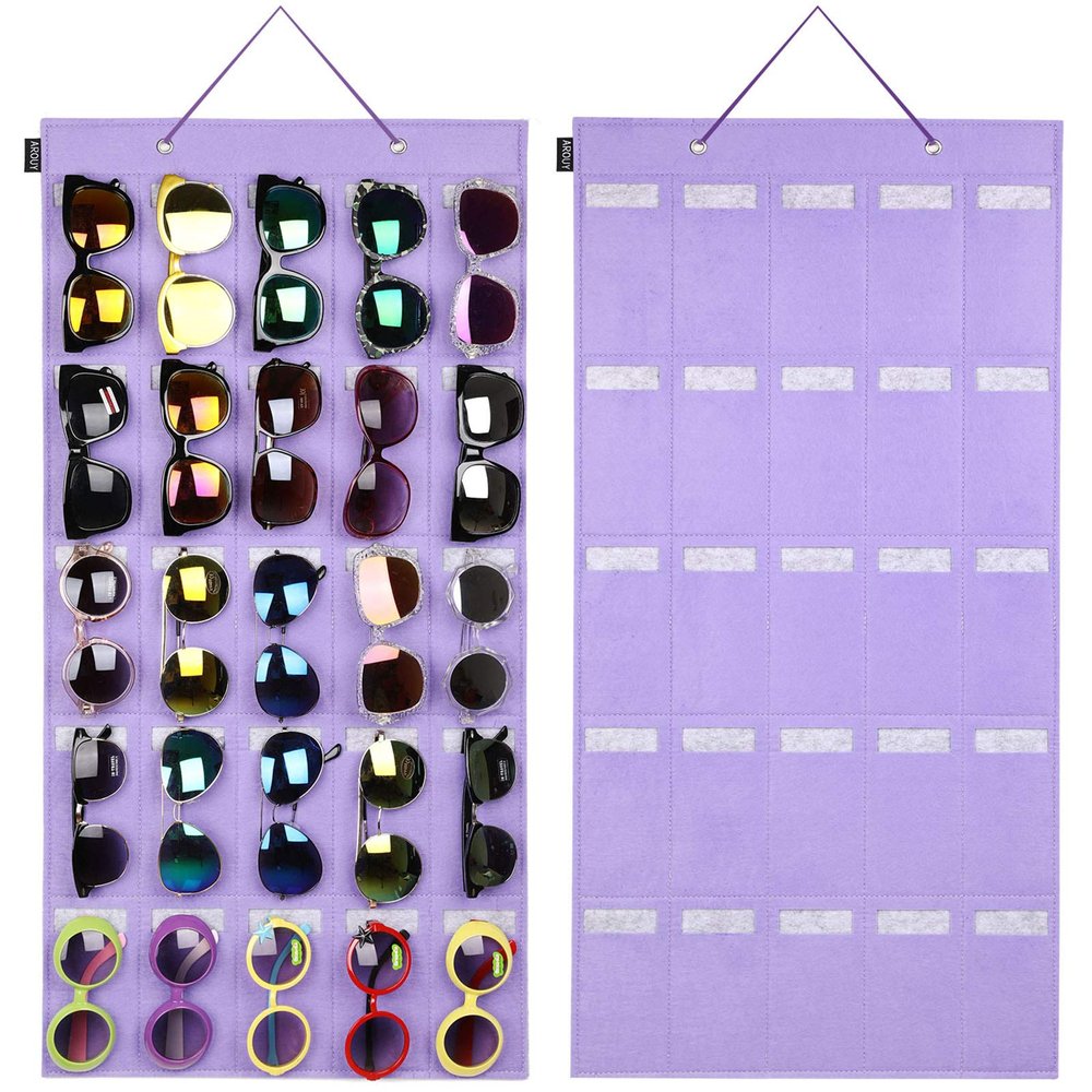 AROUY Sunglasses Organizer Storage, Hanging Wall Pocket Glasses Organizer - 25 Felt Slots Sunglass Organizers Holder with Metal Hook and Sturdy Rope (Purple, Large)