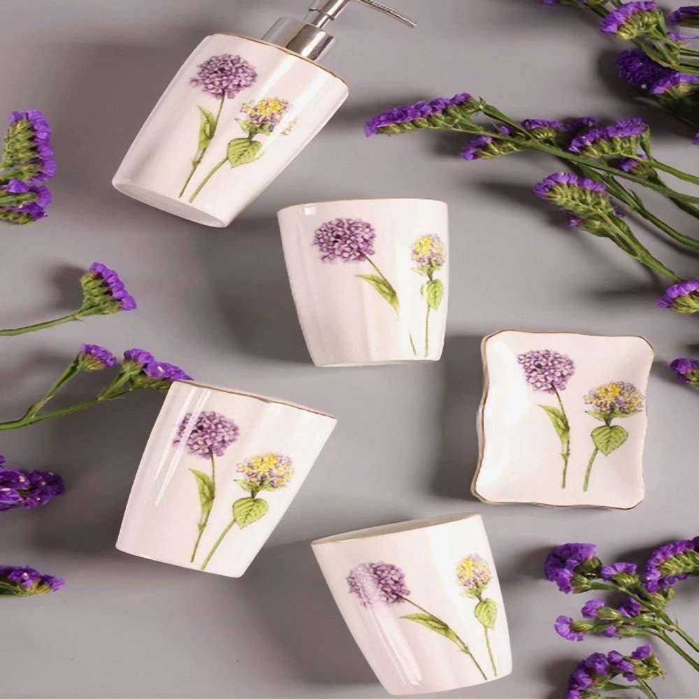 JruF Ceramic 5 Piece Set of Bathroom Accessories, Including Decorative Countertop Soap Dish, Toothbrush Holder, Tumbler, Soap Dispenser, Gift Box (Purple),Dandelion Flowers