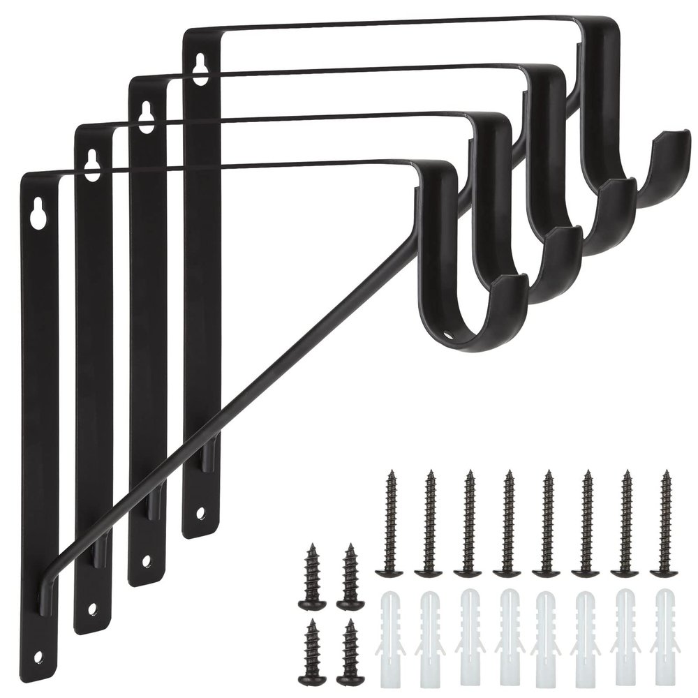 4 Pack Heavy Duty Closet Rod Brackets Holder 11 x 11 x 1 Inch White Closet Rod Support Bracket Black Steel Closet Rod Holders for Hanging Clothes Rod Support Brackets (Black - 4Pack)
