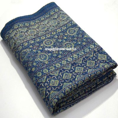 Ajarakh Hippie Handmade Queen Size Kantha Bedspread Ajrakh Reversible Hand Stitched Cotton Kantha Quilts Bohemian Floral Kantha Queen/King(90x108 inch)