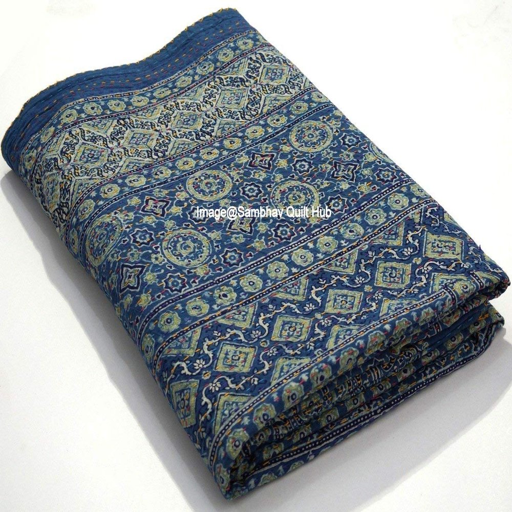 Ajarakh Hippie Handmade Queen Size Kantha Bedspread Ajrakh Reversible Hand Stitched Cotton Kantha Quilts Bohemian Floral Kantha Queen/King(90x108 inch)