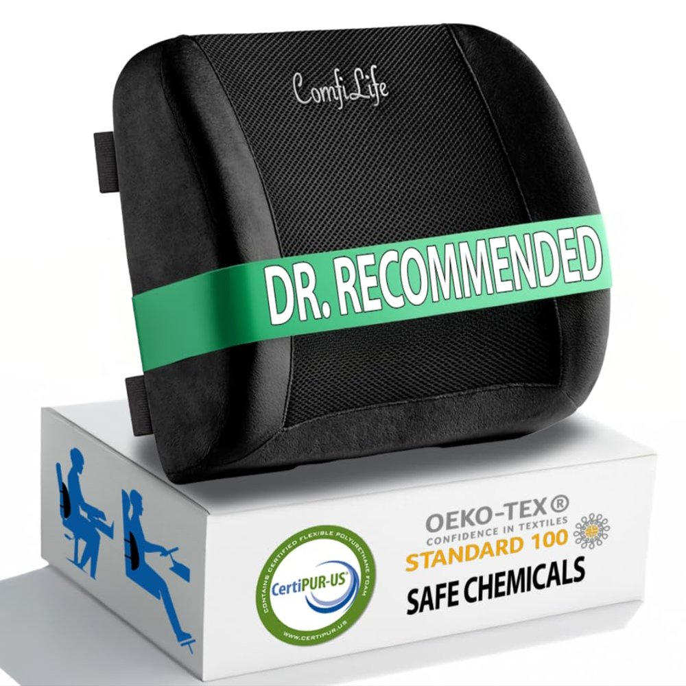 ComfiLife Lumbar Support Back Pillow Office Chair and Car Seat Cushion - Memory Foam with Adjustable Strap and Breathable 3D Mesh (Black)