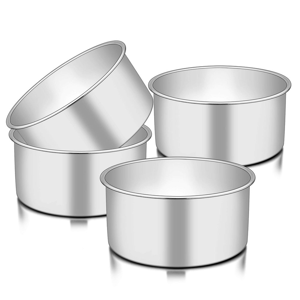 TeamFar 6 Inch Cake Pan, 6 x 3 Deep Round Cake Pan Tier Baking Pans Set Stainless Steel, For Baking Steaming Serving, Healthy & Toxic Free, Deep & Straight Size, Oven & Dishwasher Safe - Set of 4