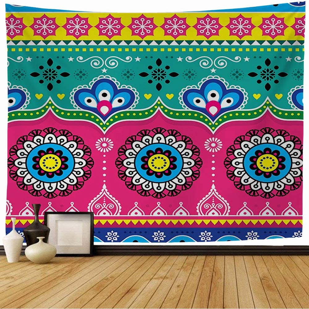 Staromay Tapestry Blue Indian Pakistani Truck Jingle Made Colorful Folk Traditional Transport Abstract Artistic Asia Wall Tapestry Cute Tapestry for Bedroom Living Room 80x60 Inch