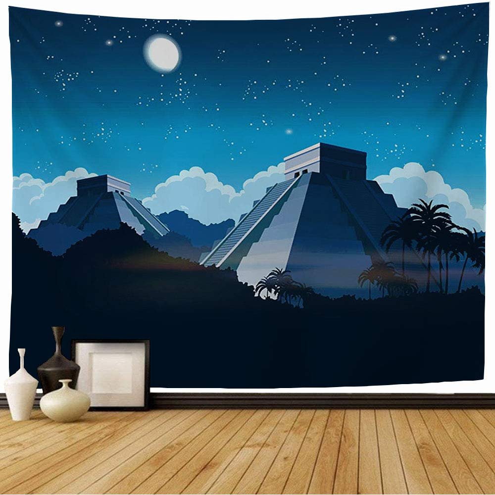 Staromay Tapestry Aztec Mayan Pyramids in Pyramid Jungle Landscape at Night Peru Inca Mexico Moon Ruin Civilization Wall Tapestry Cute Tapestry for Bedroom Living Room 80x60 Inch