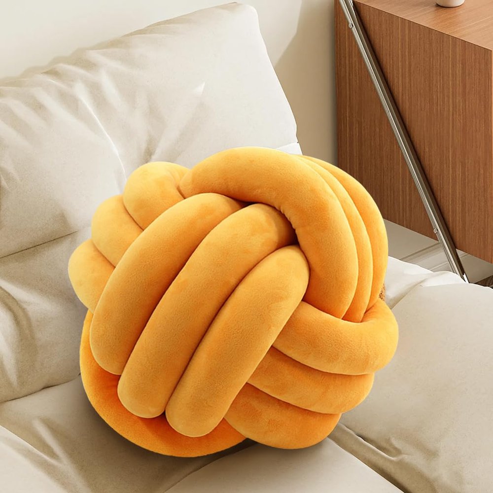 Knot Pillow Ball, Fluffy Handmade Decorative Throw Pillow, Soft Round Knotted Cushion for Couch & Bedroom, Cute Home Decor Ball Pillow for Living Room (7.87 Inches, Orange)
