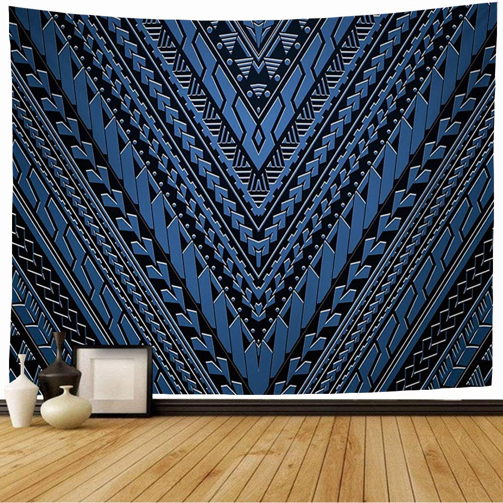 Wall Tapestry Blue Pattern Style Maori Skin Samoa Intricate Tribal Textures Abstract Polynesian Aboriginal Curl Tapestry Wall Hanging Bedding Tapestry for Bedroom 80x60 Inch