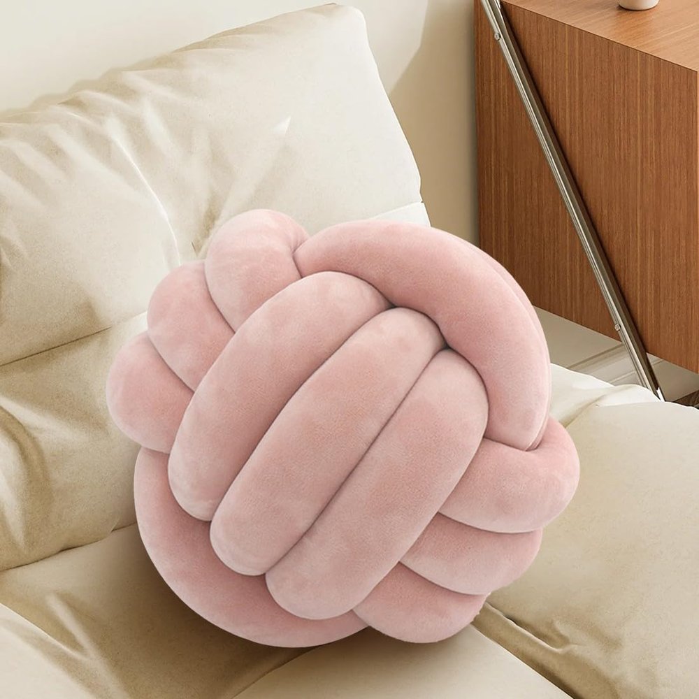 Knot Pillow Ball, Fluffy Handmade Decorative Throw Pillow, Soft Round Knotted Cushion for Couch & Bedroom, Cute Home Decor Ball Pillow for Living Room (7.87 Inches, Pearl Pink)