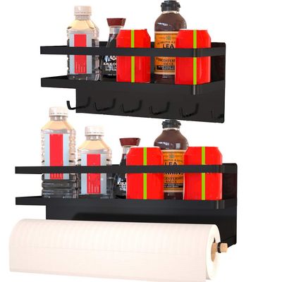 Magnetic Spice Rack Set for Refrigerator with Kitchen Utensil Hooks and Paper Towel Holder, Magnetic Shelf Can Hold Spice Containers, Kitchen Paper Towel, Cooking Utensil(Combination Pack, Black)