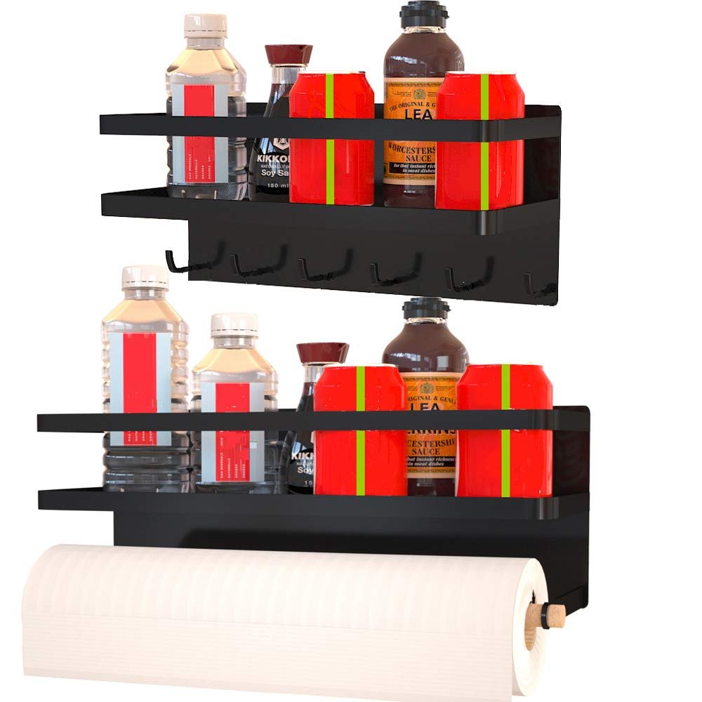 Magnetic Spice Rack Set for Refrigerator with Kitchen Utensil Hooks and Paper Towel Holder, Magnetic Shelf Can Hold Spice Containers, Kitchen Paper Towel, Cooking Utensil(Combination Pack, Black)