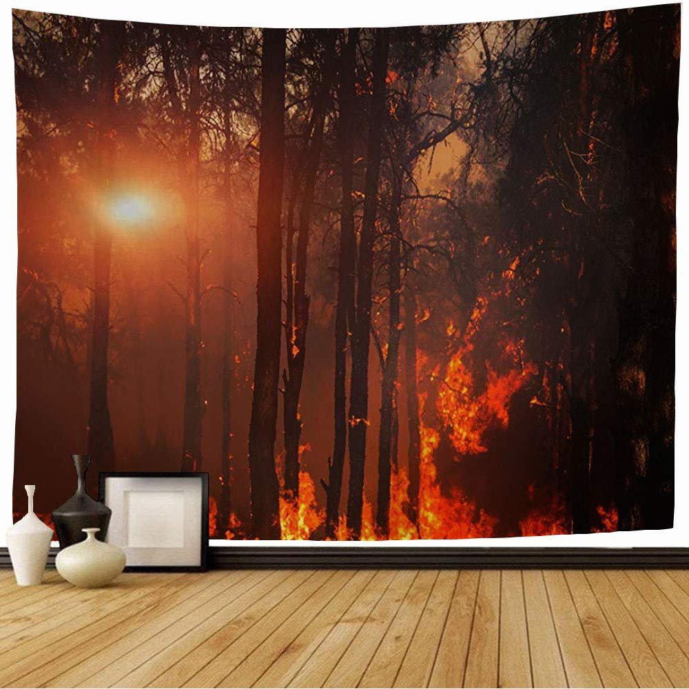 Starocha Tapestry Fire Wildfire Burning Pine Forest Ecology Flames Smoke Destruction Heat Wild Industrial Fog Nature Wall Tapestry Beach Tapestry for Bedroom Decor 80x60 Inch