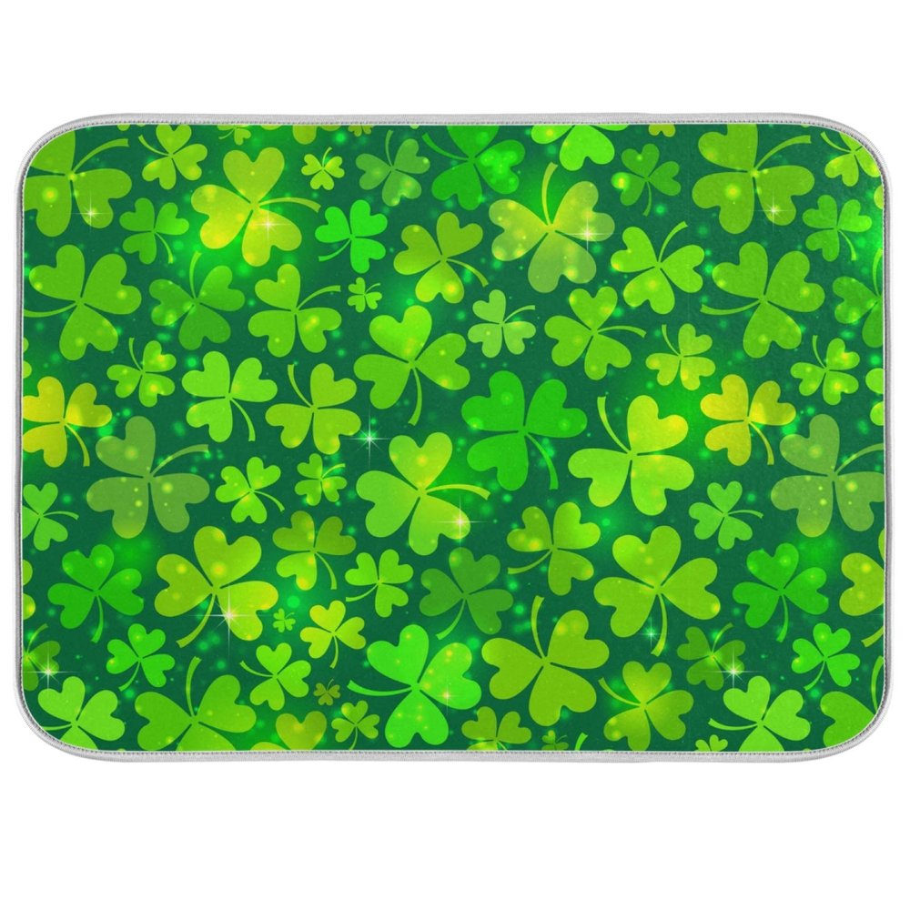 Qilmy St. Patrick's Day Shamrock Dish Drying Mat Water Absorption Tableware Drying Mat for Kitchen Countertop Home Decoration, 16 x 18 Inch Non Slip Dish Mats, Heat Resistant Countertop Protection