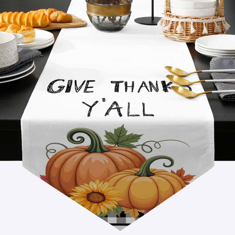 Cotton and Linen Triangle Table Runners 70 Inches Long, Pumpkin Giving Thanks Y'all Dresser Scarves Table Decoration for Wedding Party/Ceremony/Banquet (13x70 inch) Green Leaves Black White Checker