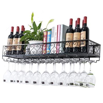 ZRCWW Vintage Metal Wall Mounted Wine Racks, Wall Floating Wine Glass Holder Wine Bottle Racks Stemware Holder, Wall Shelf Storage Organizer Rack, Black (Size : 12025cm(4710inch))