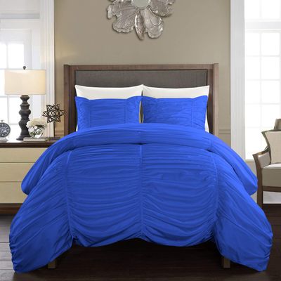 Epic Cotton Ruched Pattern Duvet Cover with Zipper & Corner Ties 100% Egyptian Cotton 800 Thread Count Premium Hotel Quality Decorative Bedding (Full/Queen, Royal Blue)