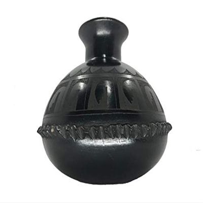 Black Pottery Wavy Rounded Shape Vase Sgraffito Design