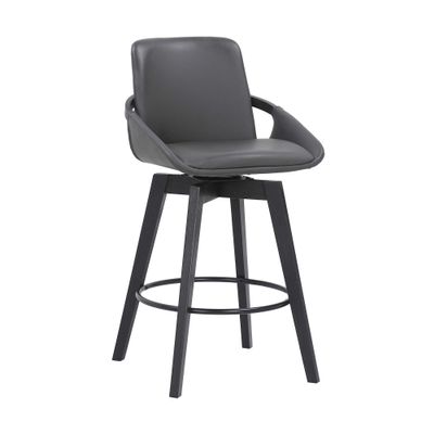 Armen Living Baylor Mid Century Modern Swivel Bar Stool for Kitchen Island Counter in Gray Faux Leather and Black Wood, 26" Seat Height
